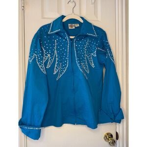 Rodeo Queen Blue Rhinestone Western Zip Jacket Show Shirt XL